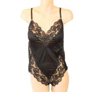 Vintage Sears Teddy Romper Lingerie 36 Black Satin Lace Snap Closure 1980s T70